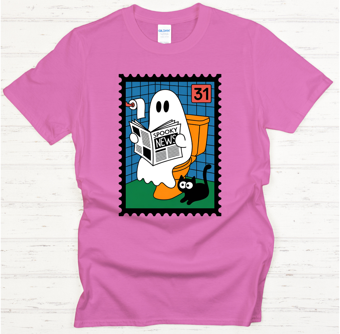 Ghost Reading Spooky News Halloween Shirt – Cute Vintage Stamp Tee