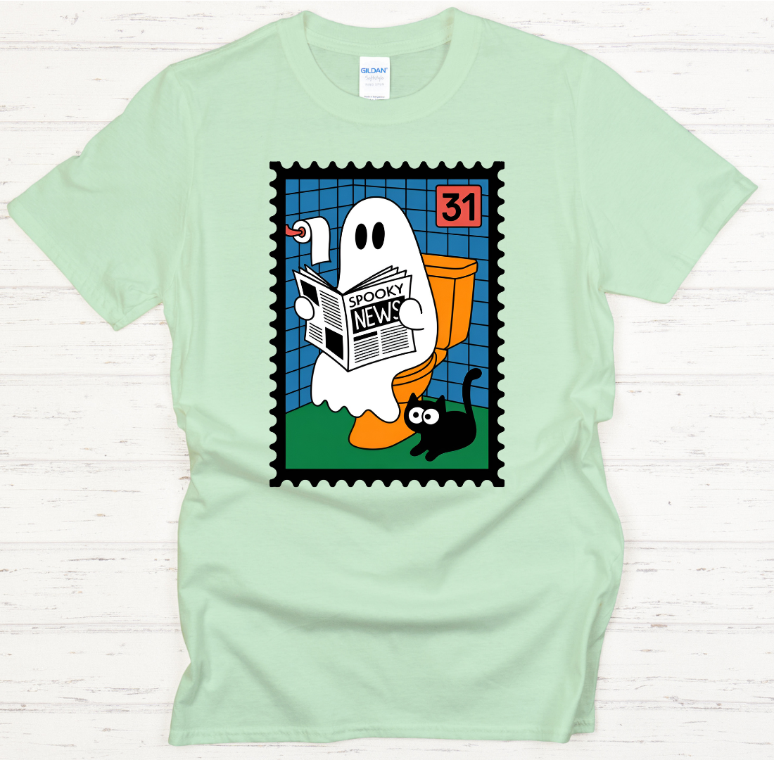 Ghost Reading Spooky News Halloween Shirt – Cute Vintage Stamp Tee