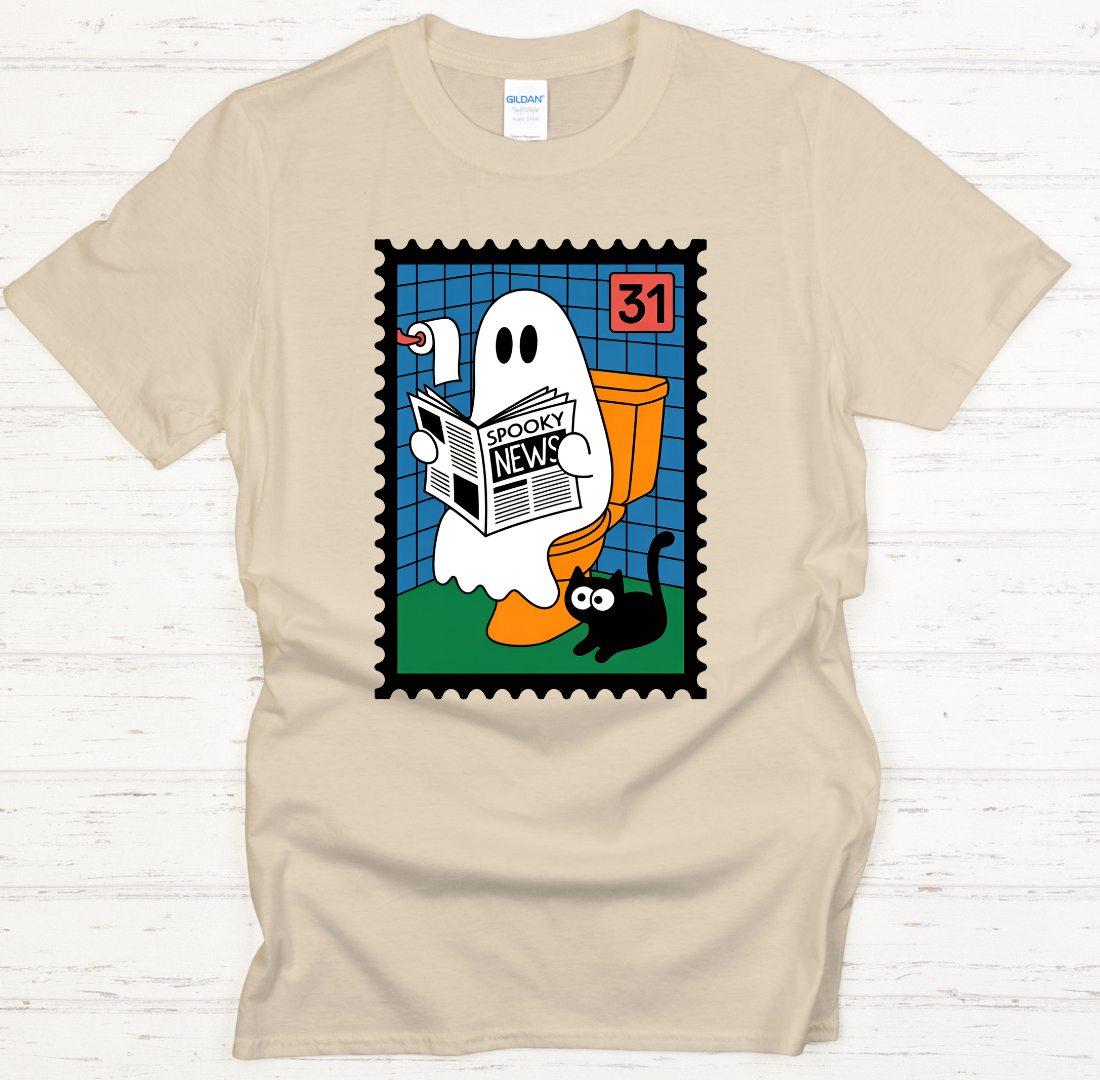 Ghost Reading Spooky News Halloween Shirt – Cute Vintage Stamp Tee
