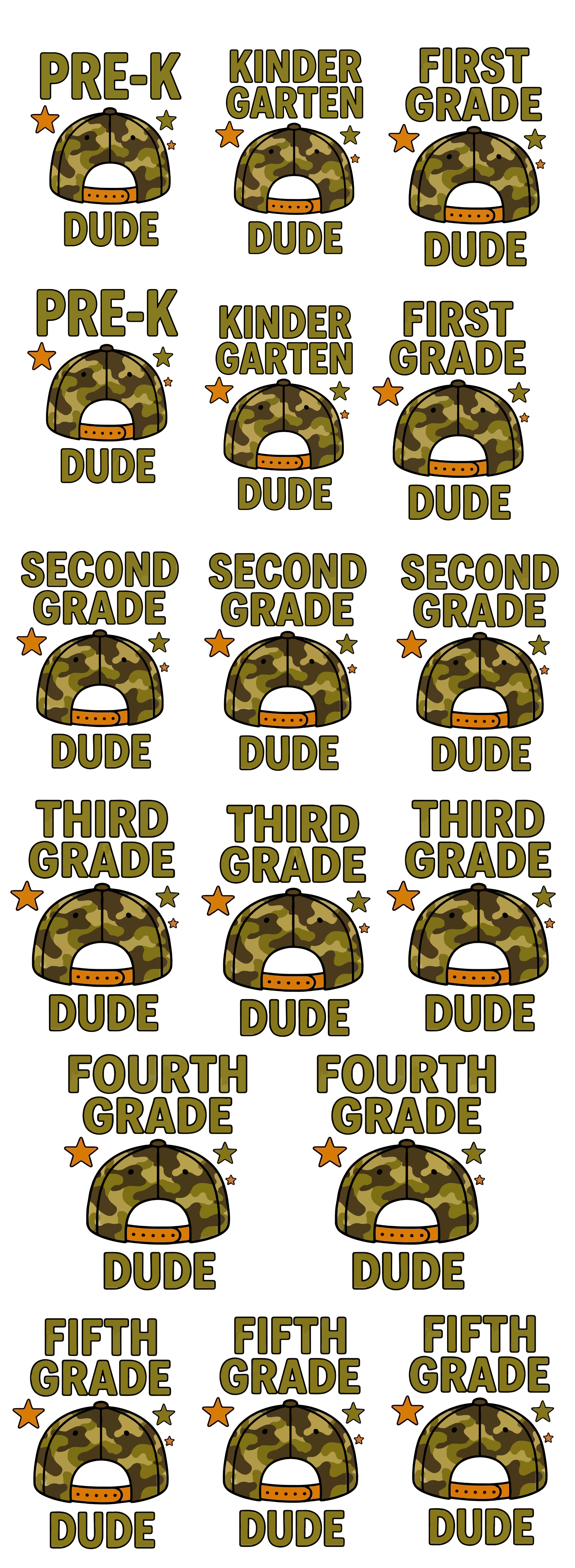 Grade Level Dude Youth DTF Gang Sheet | Pre-K Through Fifth Grade Back to School Transfers | Boys School Shirt Ready to Press