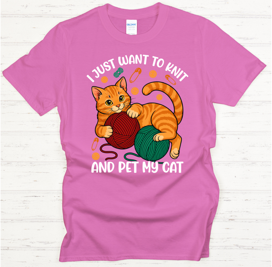 I Just Want To Knit And Pet My Cat Graphic T-Shirt | Gildan Softstyle Tee