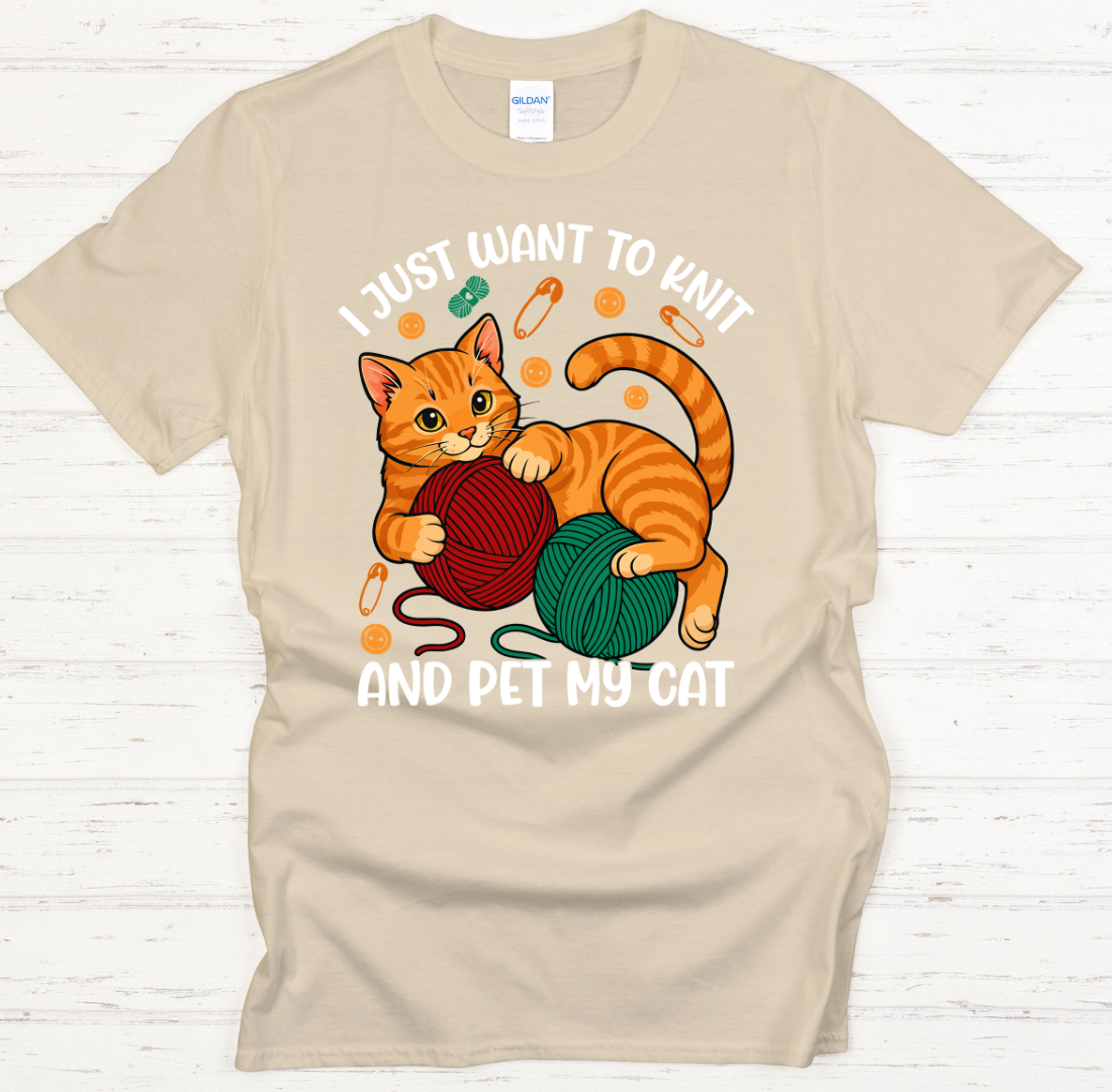 I Just Want To Knit And Pet My Cat Graphic T-Shirt | Gildan Softstyle Tee