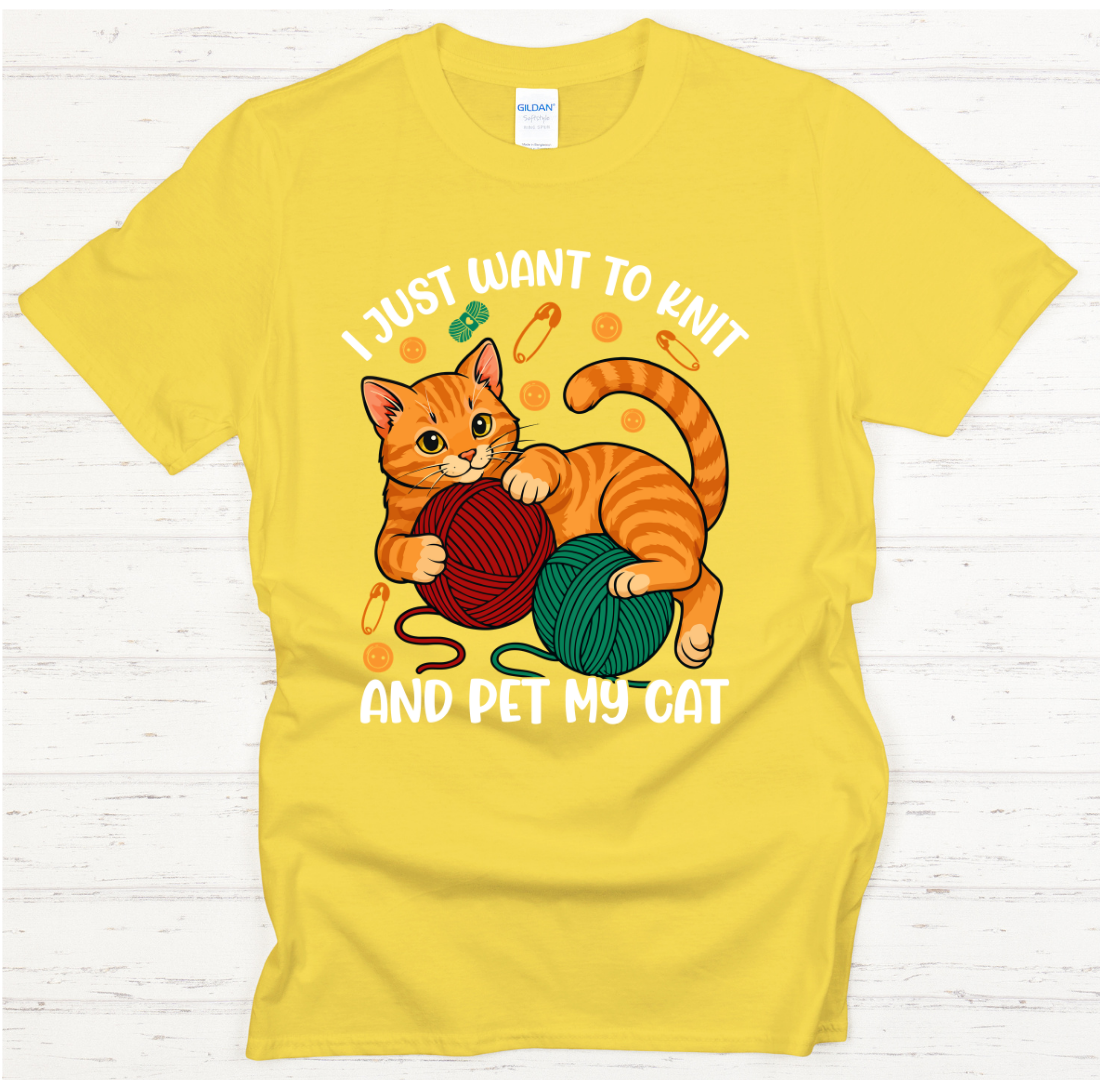 I Just Want To Knit And Pet My Cat Graphic T-Shirt | Gildan Softstyle Tee