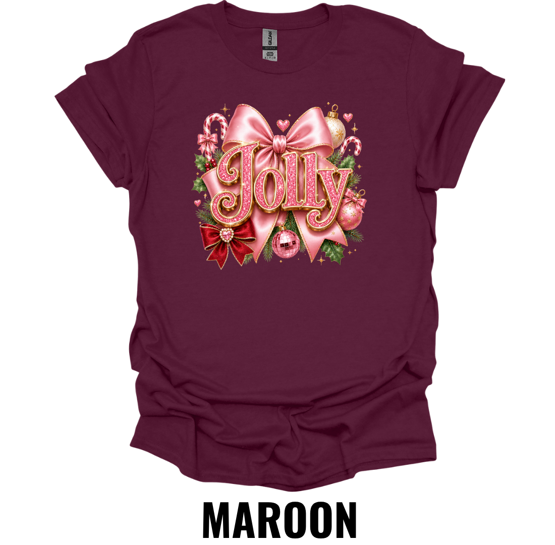 Jolly T-Shirt – Pink Bow Christmas Graphic Tee