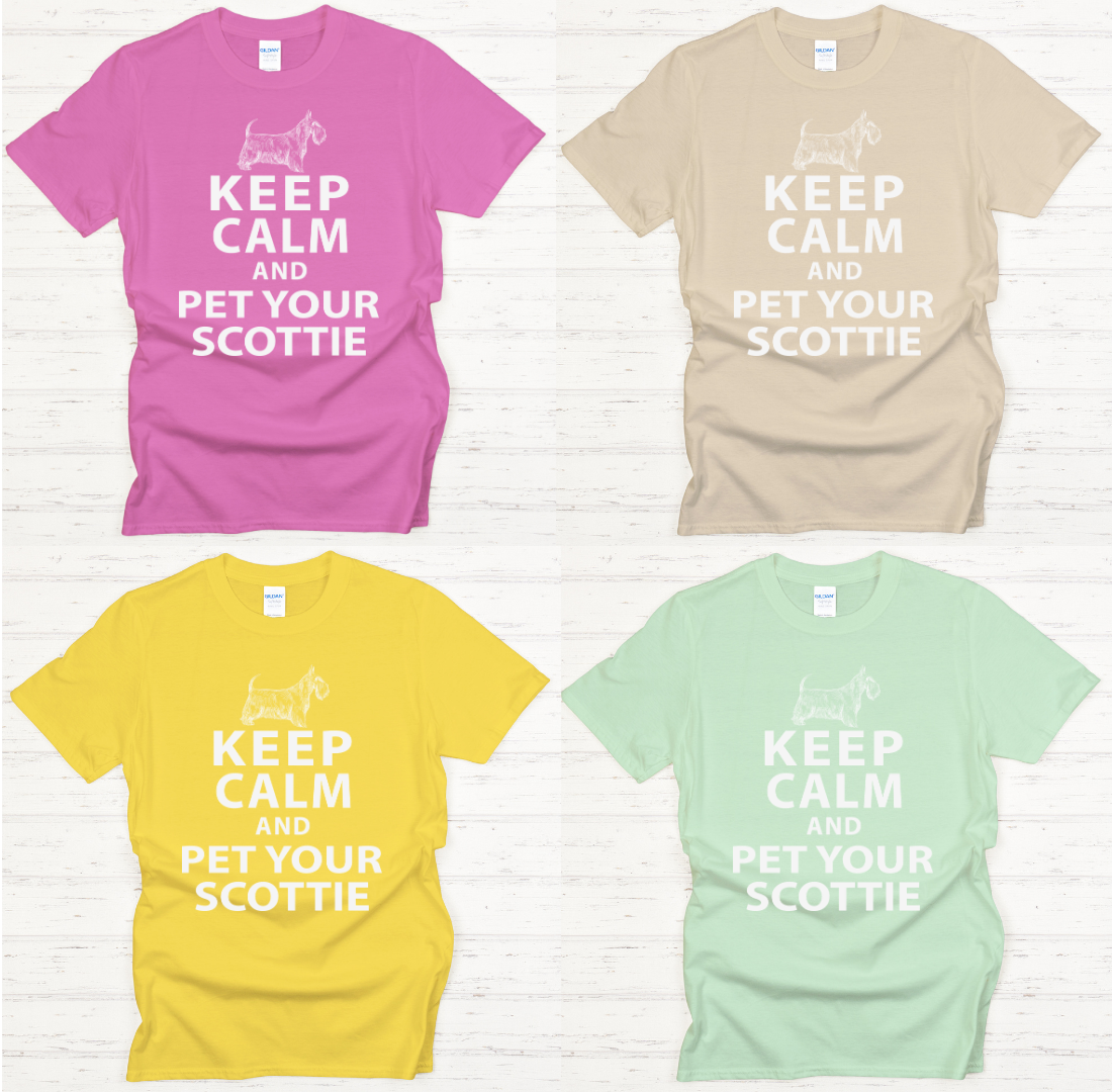Keep Calm and Pet Your Scottie Shirt on Gildan Softstyle Tee