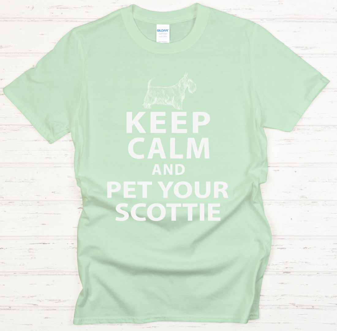 Keep Calm and Pet Your Scottie Shirt on Gildan Softstyle Tee