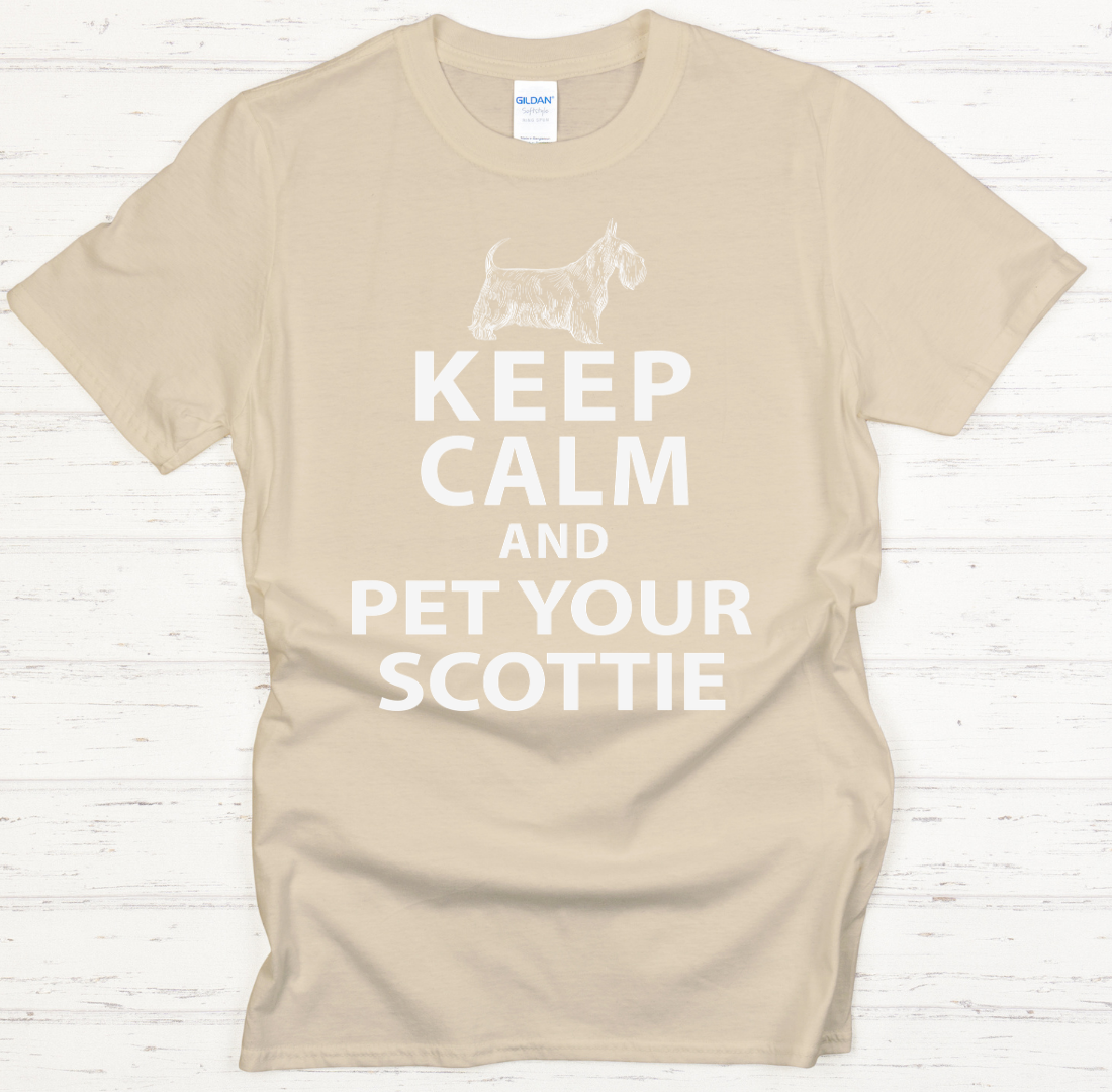 Keep Calm and Pet Your Scottie Shirt on Gildan Softstyle Tee