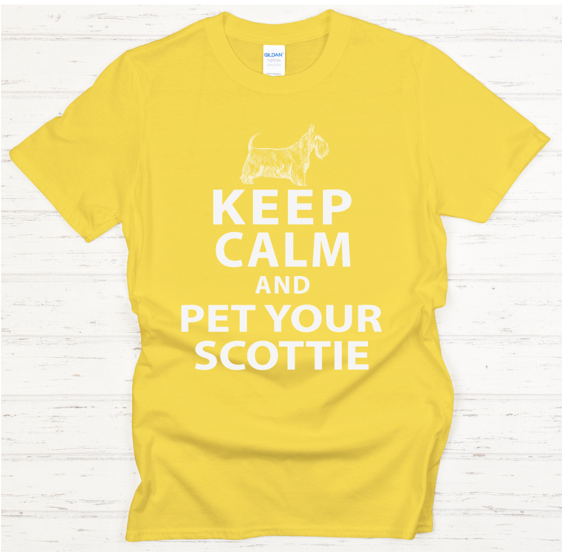 Keep Calm and Pet Your Scottie Shirt on Gildan Softstyle Tee