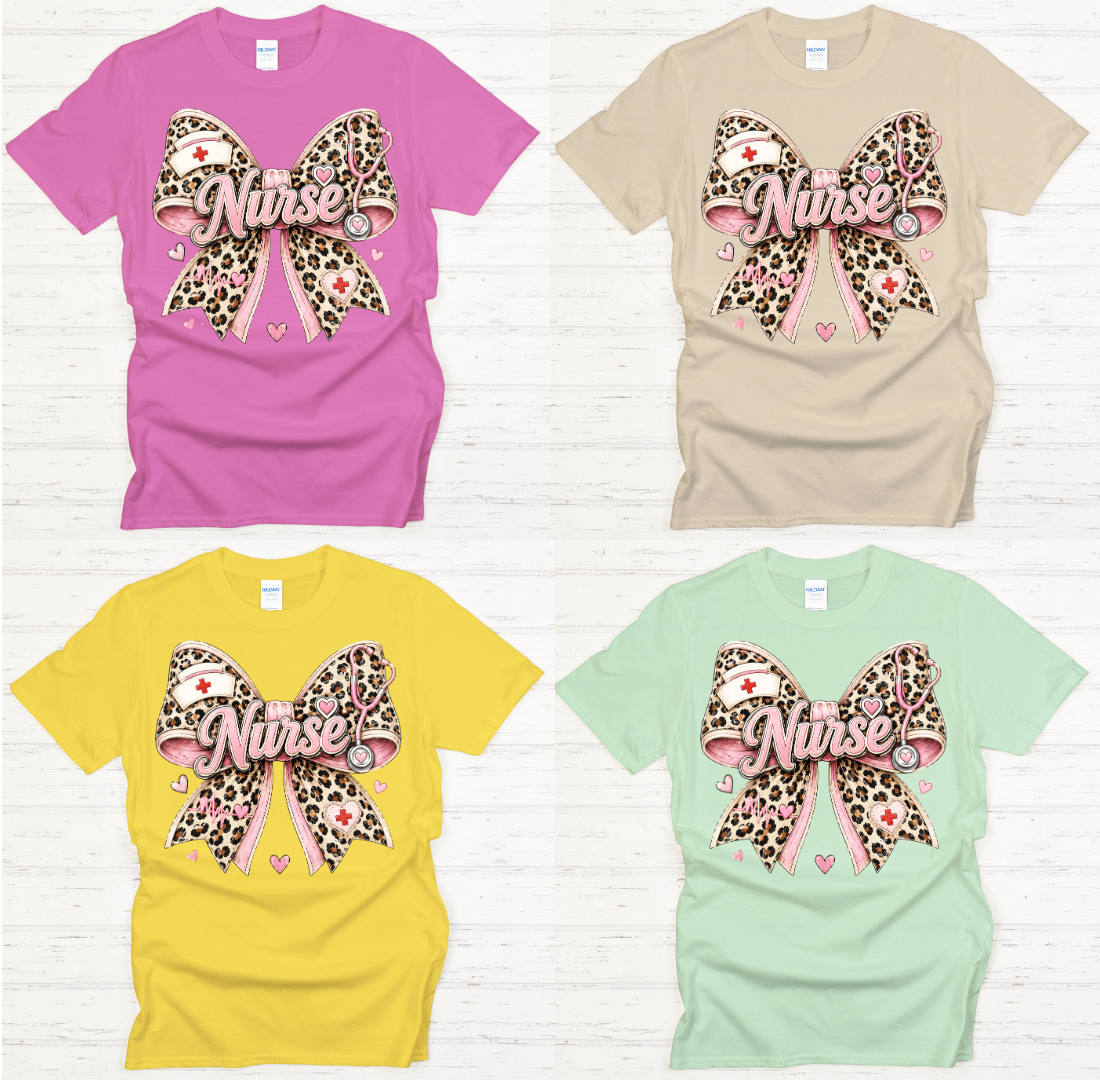 Leopard Nurse Bow Medical Graphic Shirt on Gildan Softstyle Tee