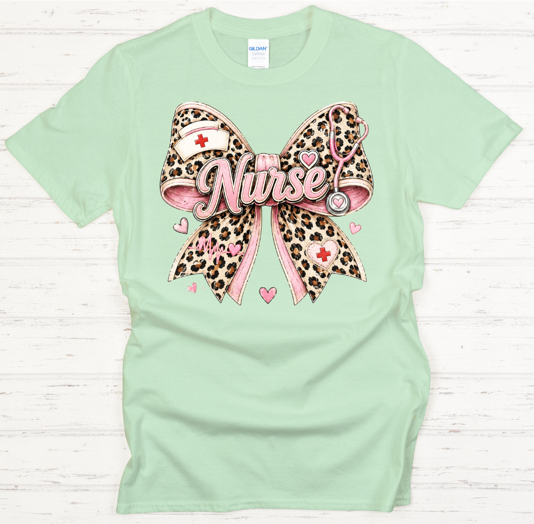 Leopard Nurse Bow Medical Graphic Shirt on Gildan Softstyle Tee