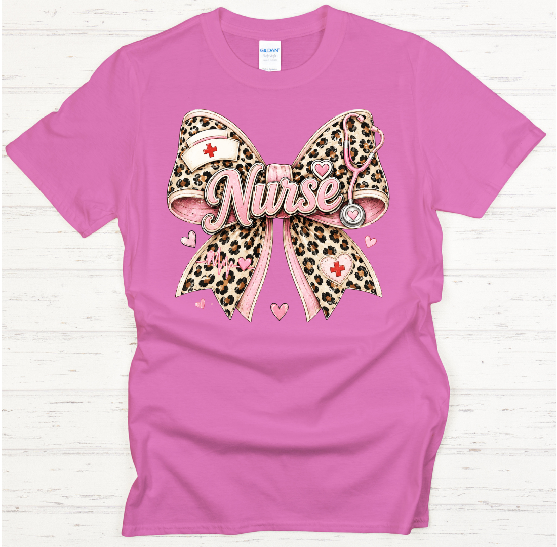 Leopard Nurse Bow Medical Graphic Shirt on Gildan Softstyle Tee