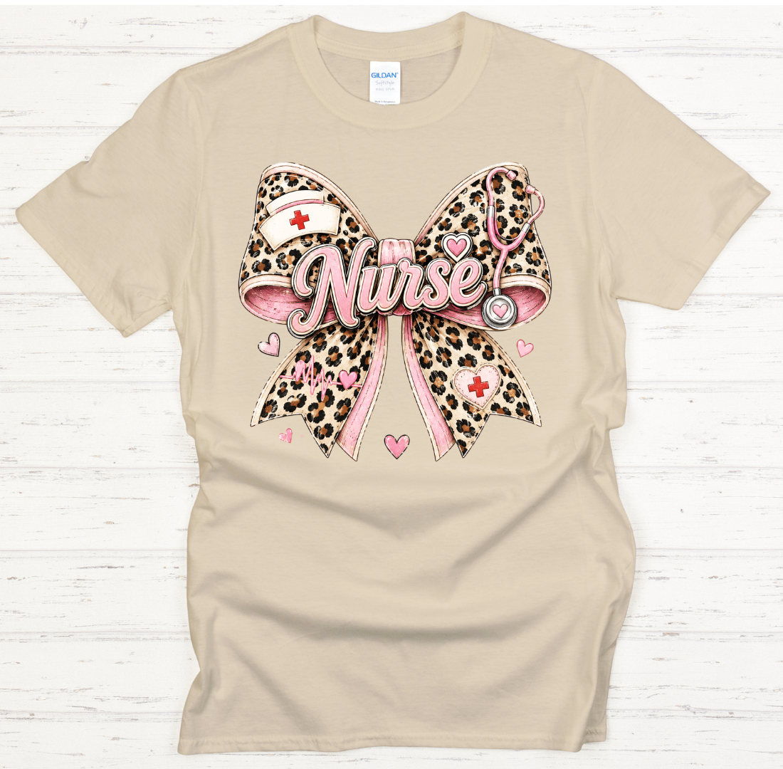 Leopard Nurse Bow Medical Graphic Shirt on Gildan Softstyle Tee