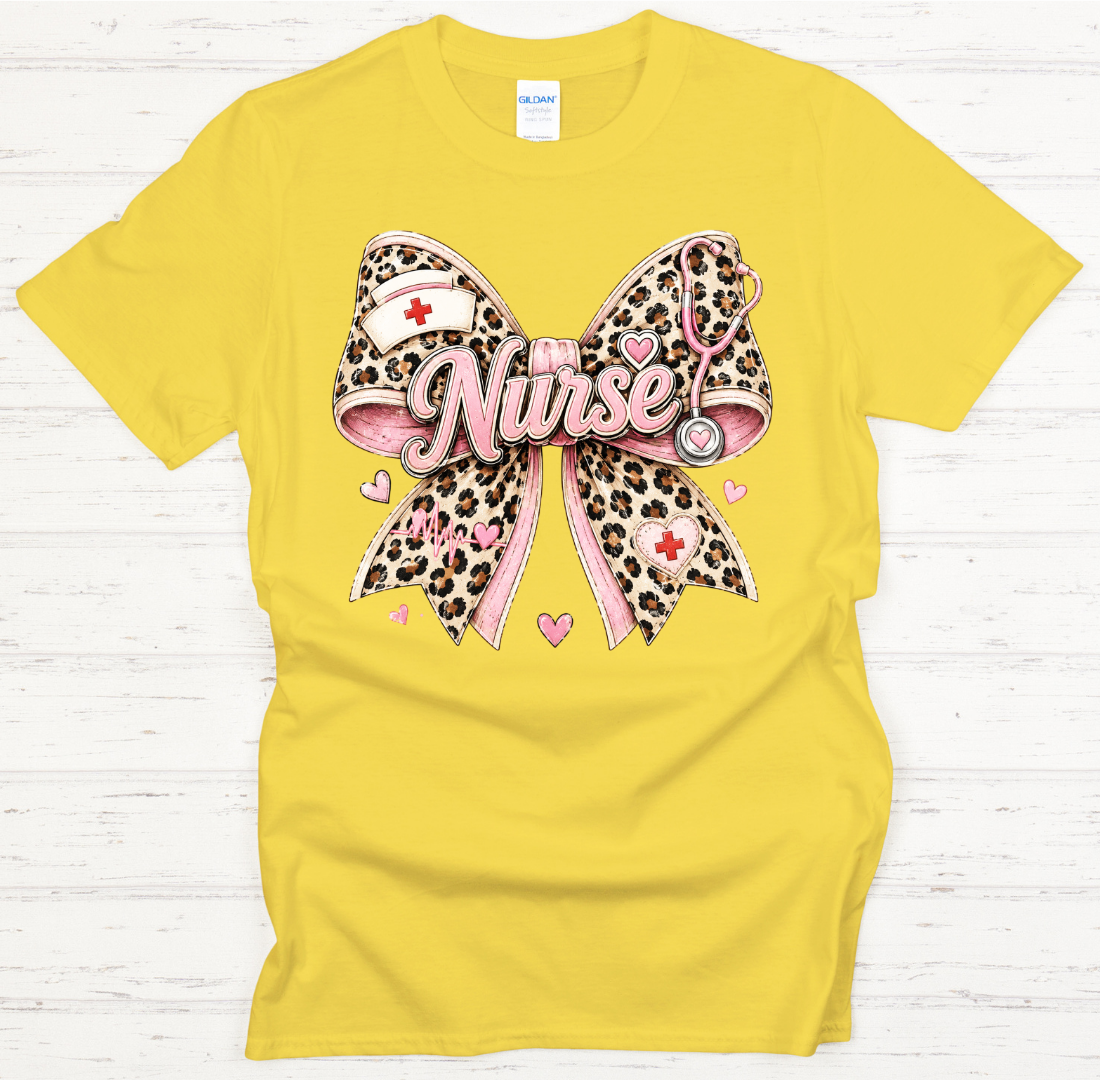 Leopard Nurse Bow Medical Graphic Shirt on Gildan Softstyle Tee