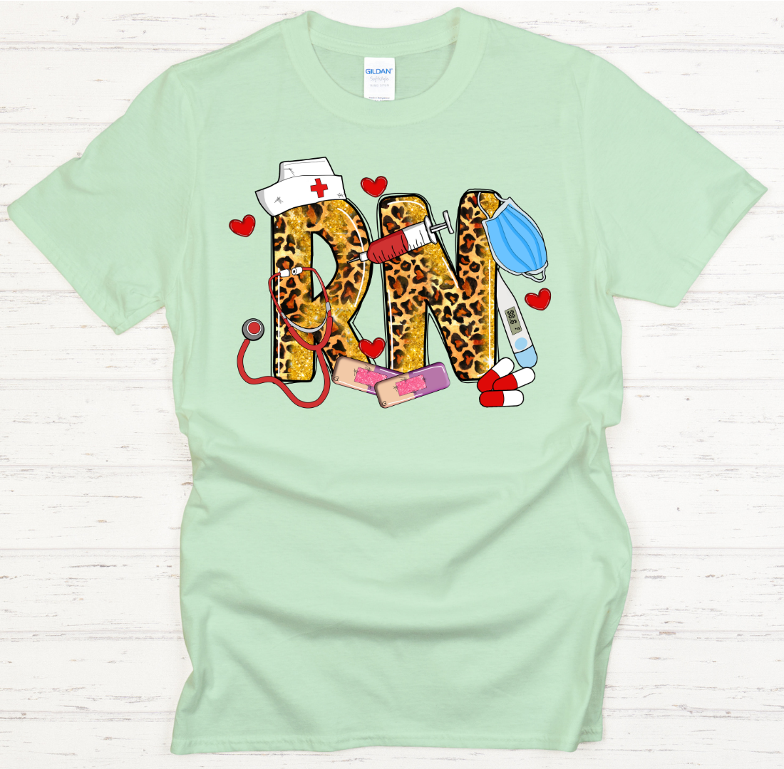 Leopard RN Nurse Medical Graphic Shirt on Gildan Softstyle Tee