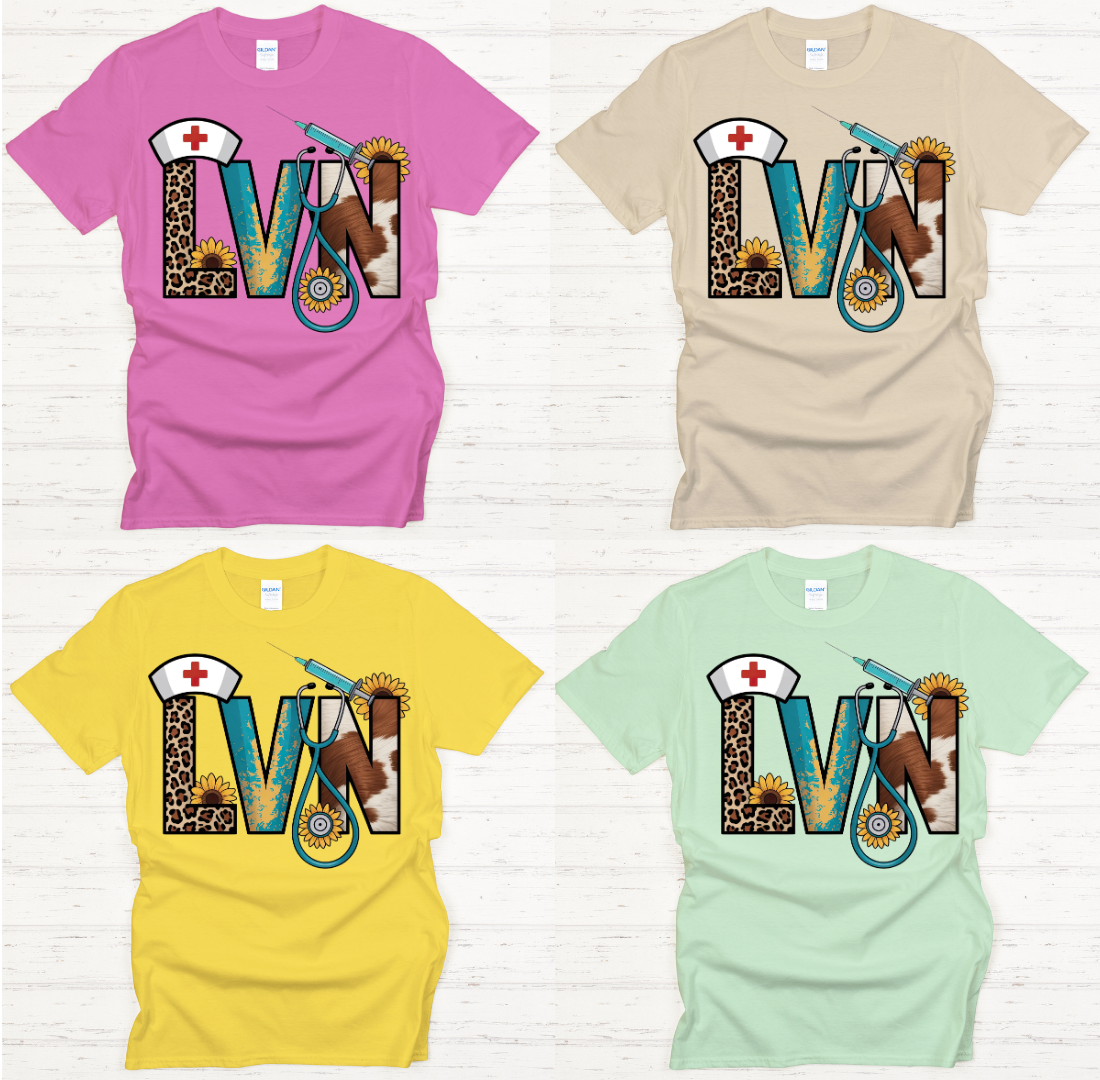 LVN Western Leopard Sunflower Nurse Graphic Shirt on Gildan Softstyle Tee