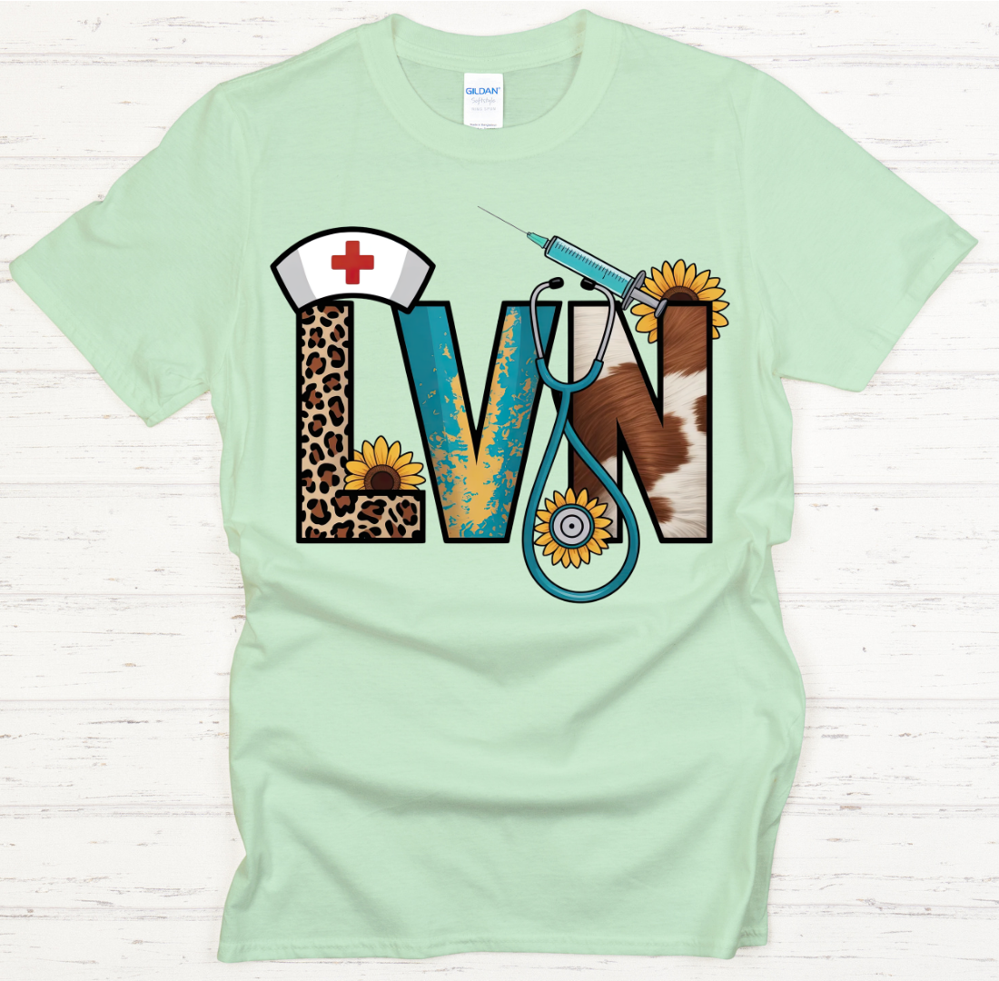LVN Western Leopard Sunflower Nurse Graphic Shirt on Gildan Softstyle Tee