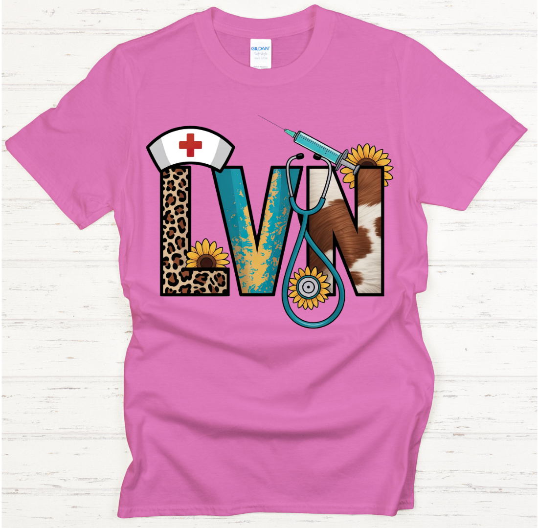 LVN Western Leopard Sunflower Nurse Graphic Shirt on Gildan Softstyle Tee