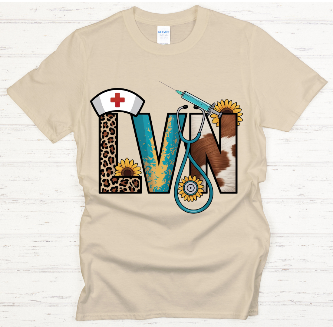 LVN Western Leopard Sunflower Nurse Graphic Shirt on Gildan Softstyle Tee