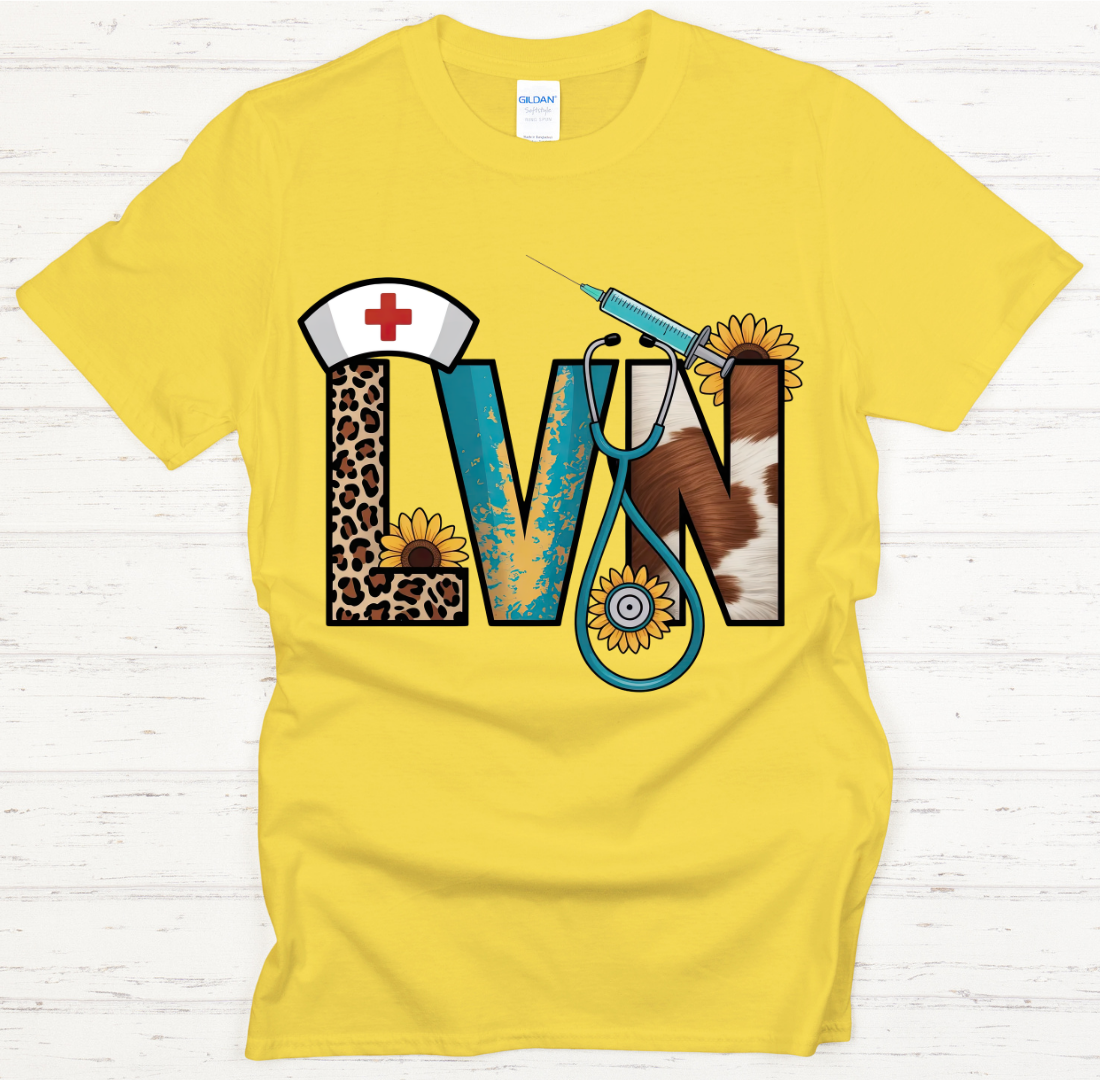 LVN Western Leopard Sunflower Nurse Graphic Shirt on Gildan Softstyle Tee