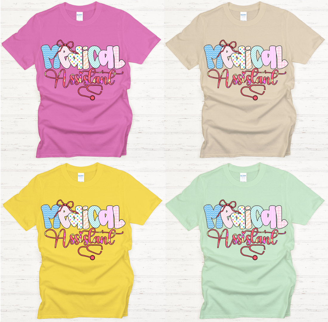 Medical Assistant Retro Bow Graphic Shirt on Gildan Softstyle Tee