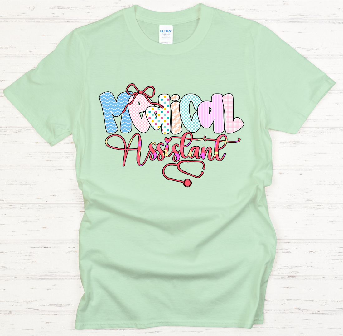 Medical Assistant Retro Bow Graphic Shirt on Gildan Softstyle Tee