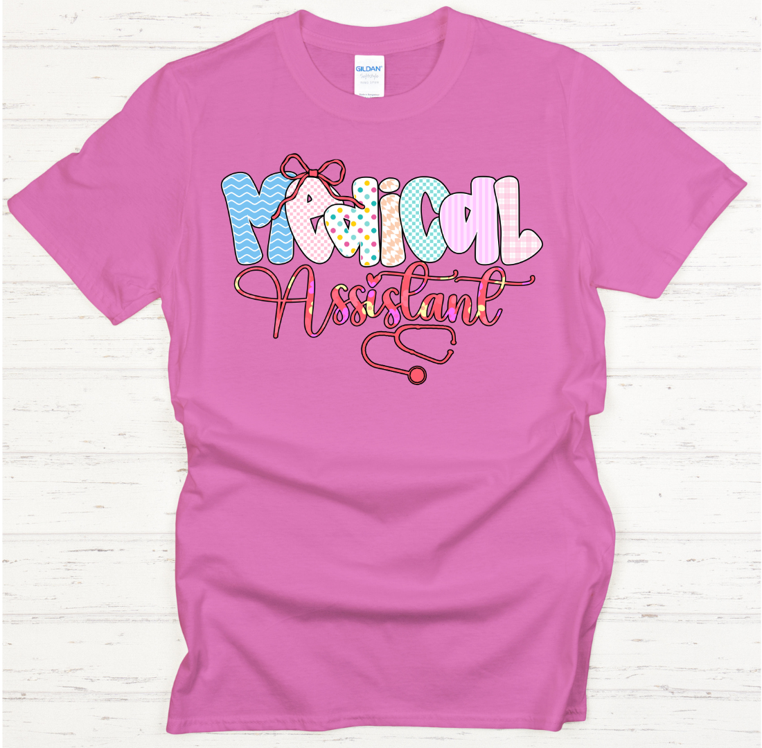 Medical Assistant Retro Bow Graphic Shirt on Gildan Softstyle Tee