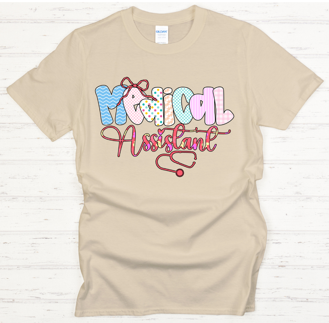 Medical Assistant Retro Bow Graphic Shirt on Gildan Softstyle Tee