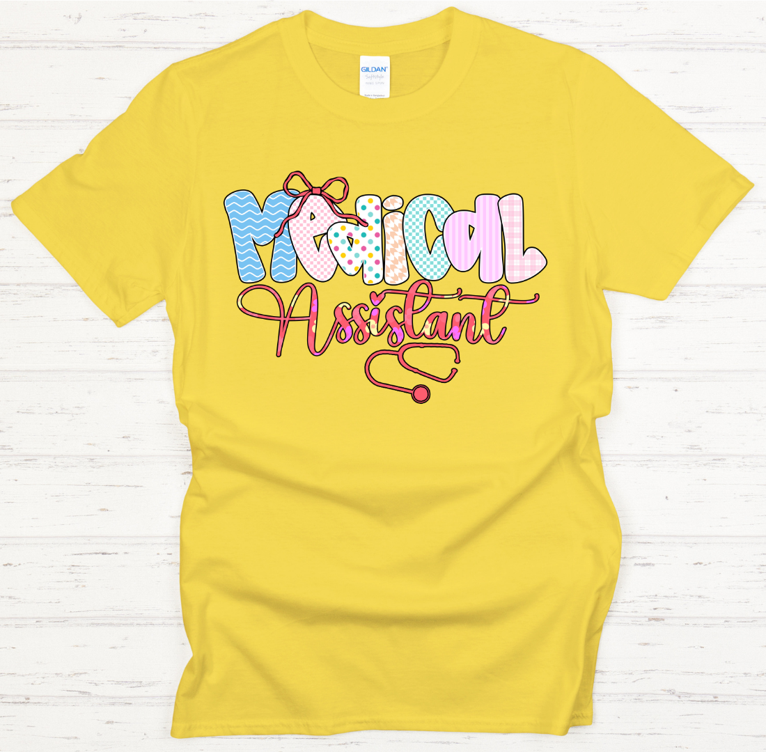 Medical Assistant Retro Bow Graphic Shirt on Gildan Softstyle Tee