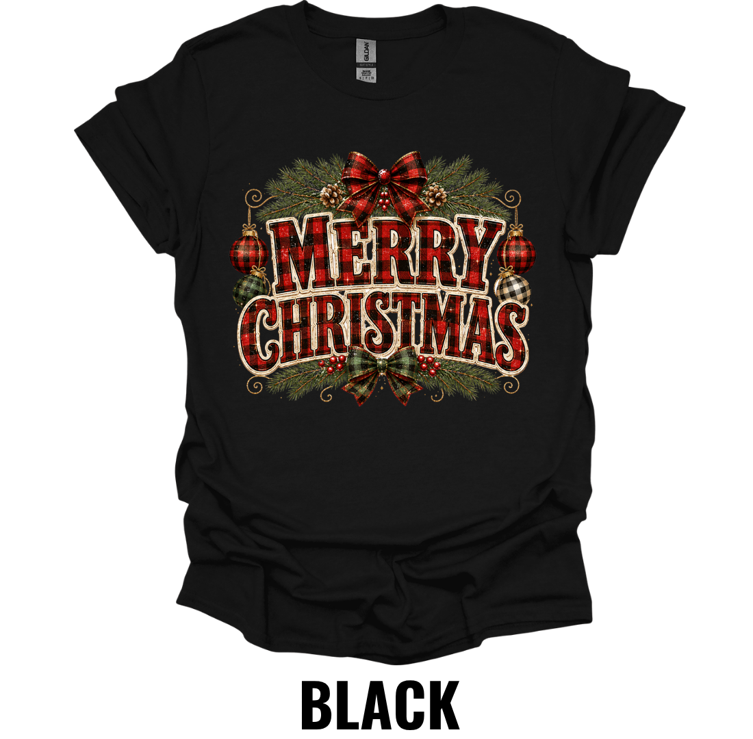 Merry Christmas Buffalo Plaid T-Shirt – Rustic Farmhouse Holiday Graphic Tee