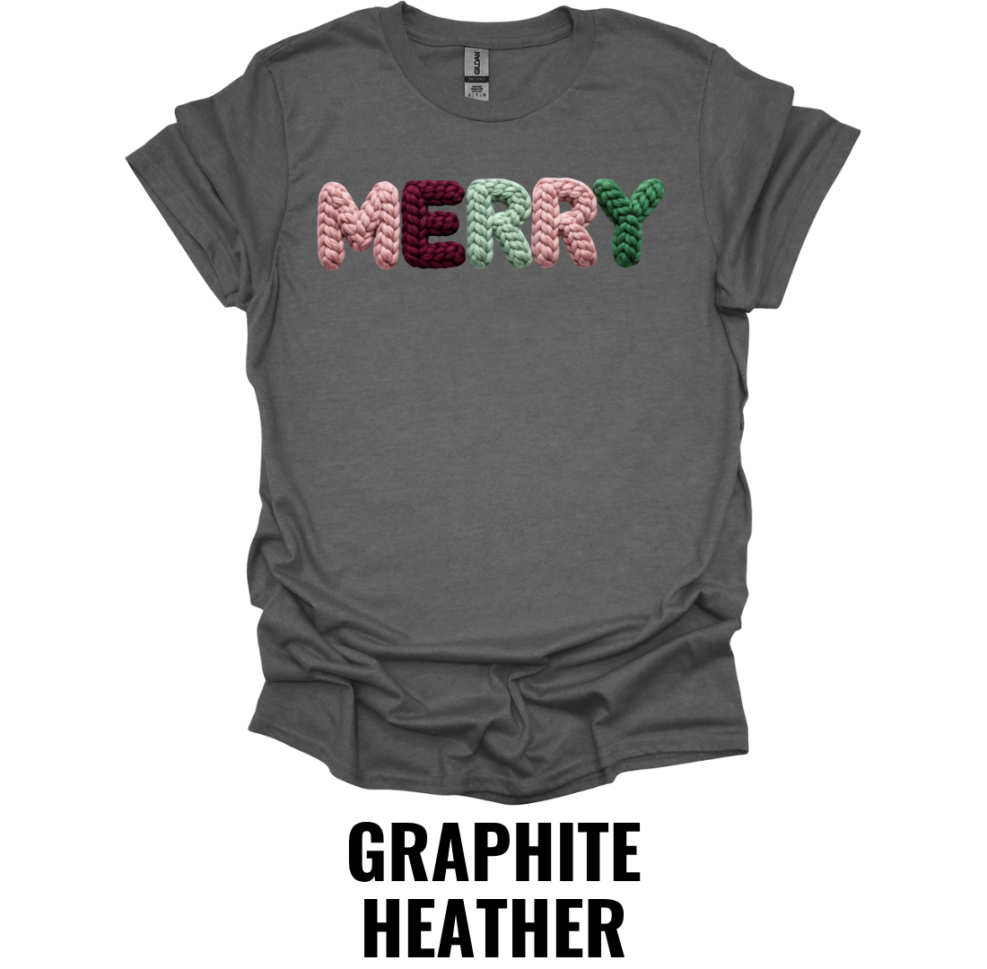 Merry Christmas Crochet Letter Shirt – Cozy Holiday Typography Graphic Tee