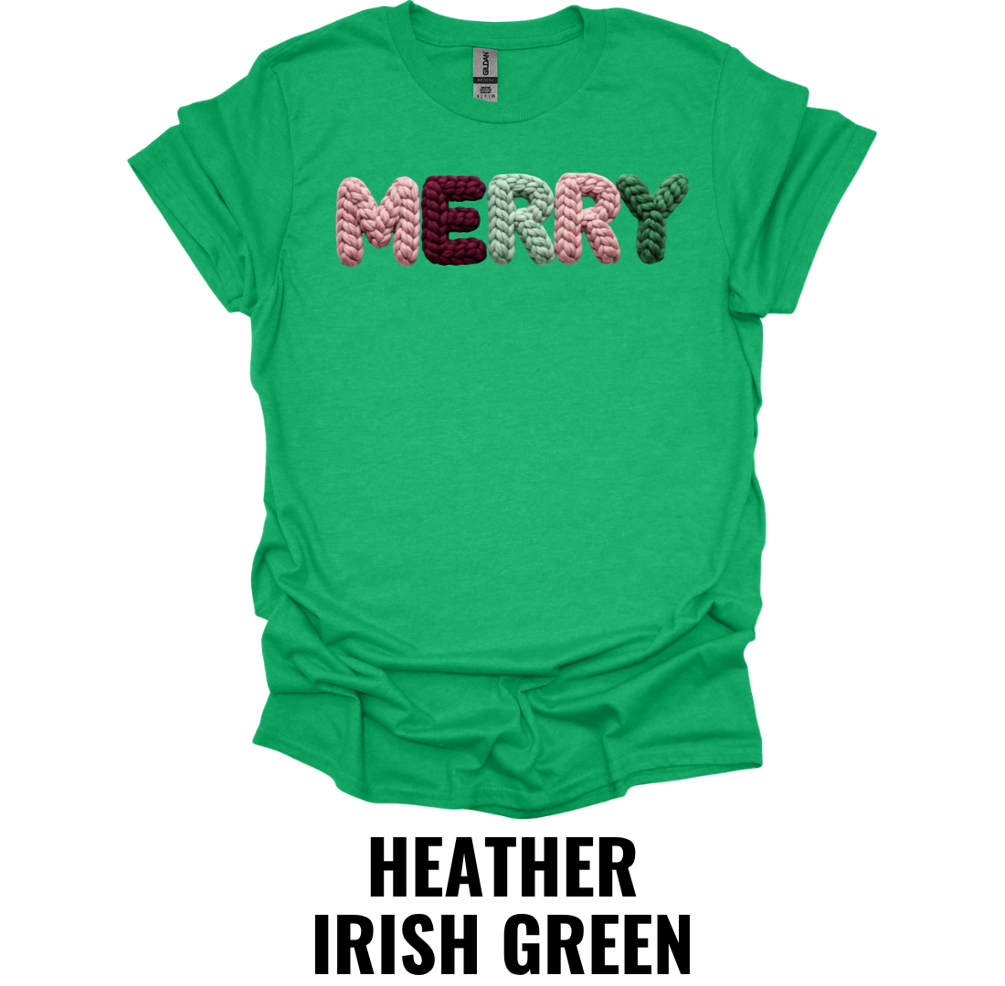 Merry Christmas Crochet Letter Shirt – Cozy Holiday Typography Graphic Tee