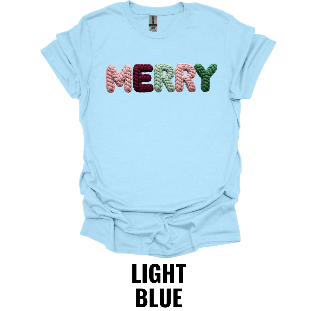 Merry Christmas Crochet Letter Shirt – Cozy Holiday Typography Graphic Tee