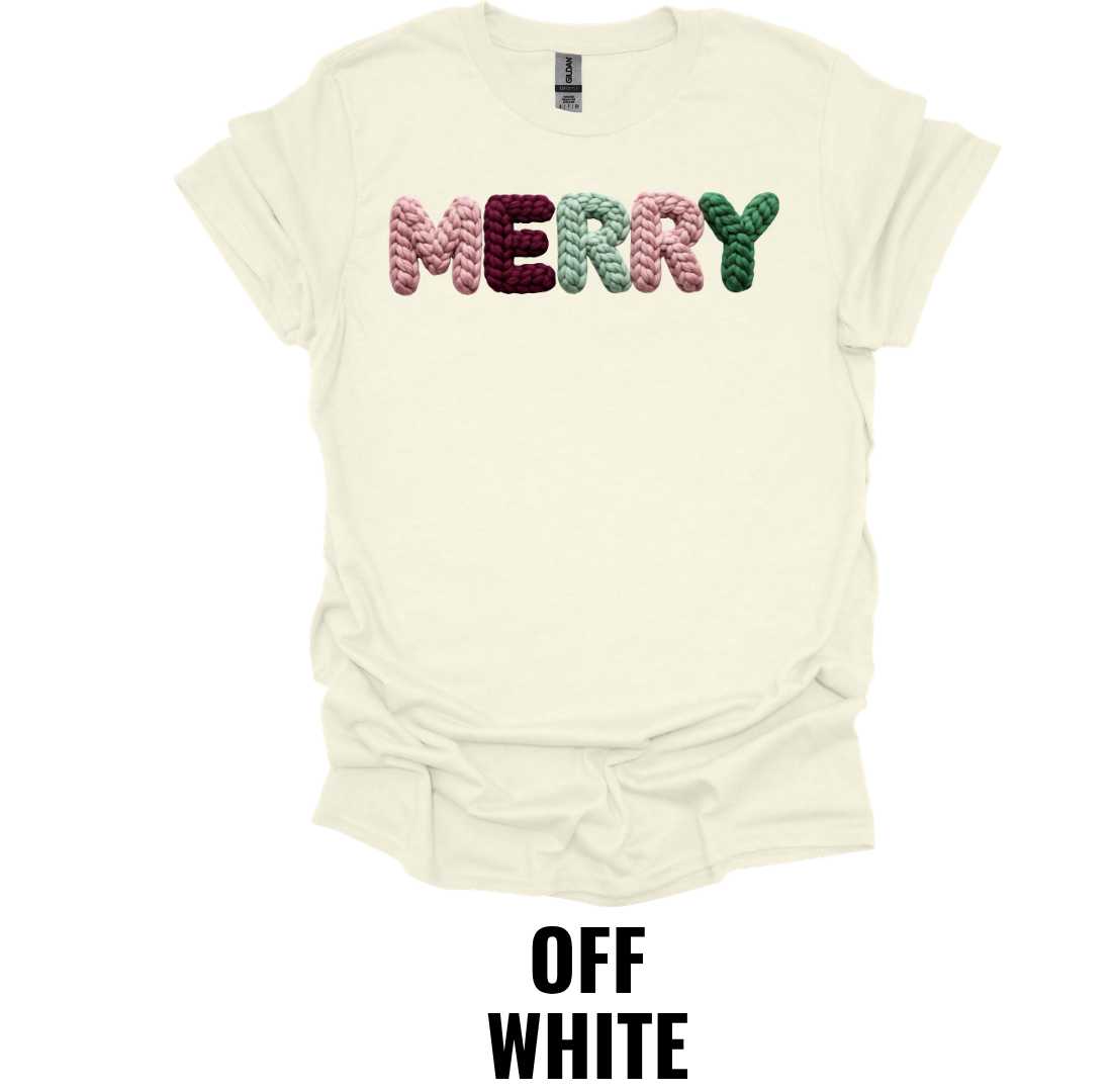 Merry Christmas Crochet Letter Shirt – Cozy Holiday Typography Graphic Tee