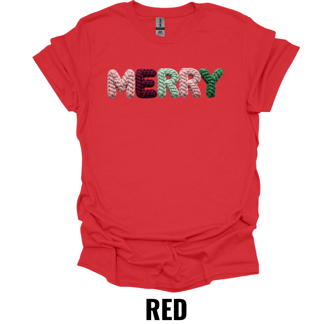 Merry Christmas Crochet Letter Shirt – Cozy Holiday Typography Graphic Tee
