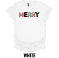 Merry Christmas Crochet Letter Shirt – Cozy Holiday Typography Graphic Tee