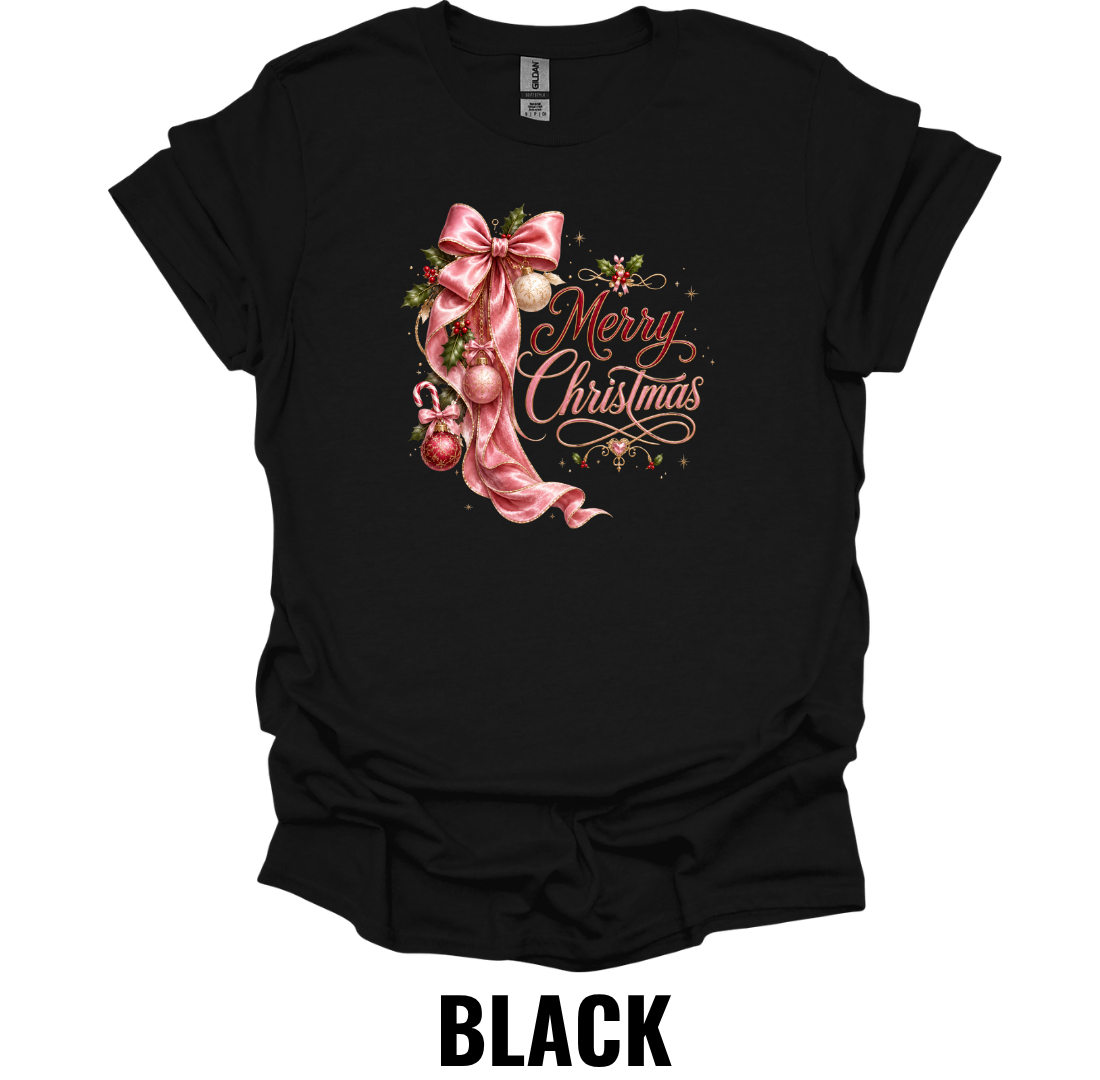 Merry Christmas T-Shirt – Pink Bow Holiday Graphic Tee