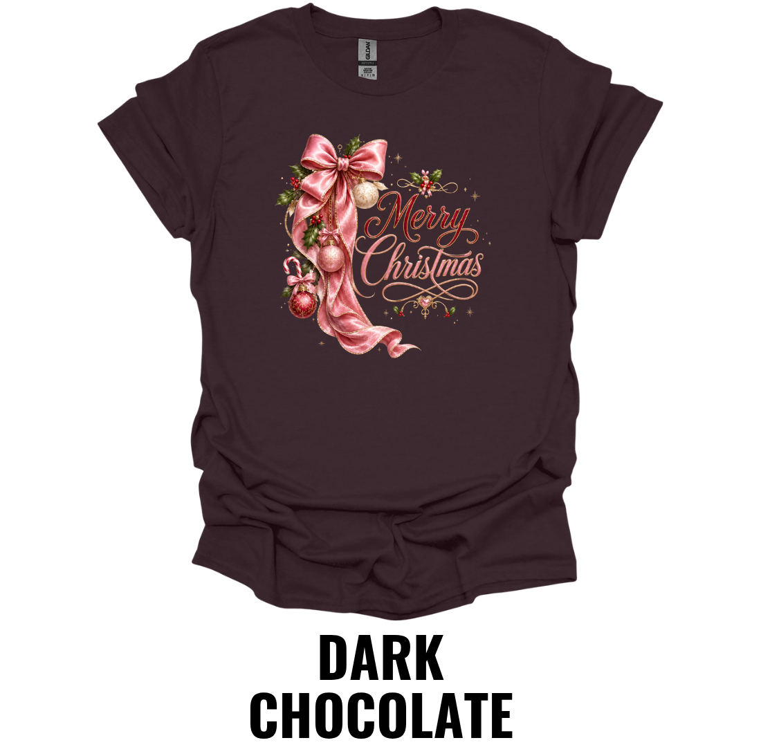 Merry Christmas T-Shirt – Pink Bow Holiday Graphic Tee