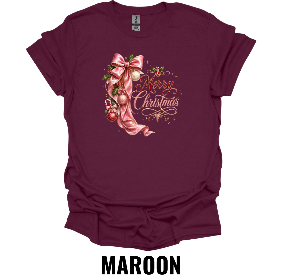 Merry Christmas T-Shirt – Pink Bow Holiday Graphic Tee