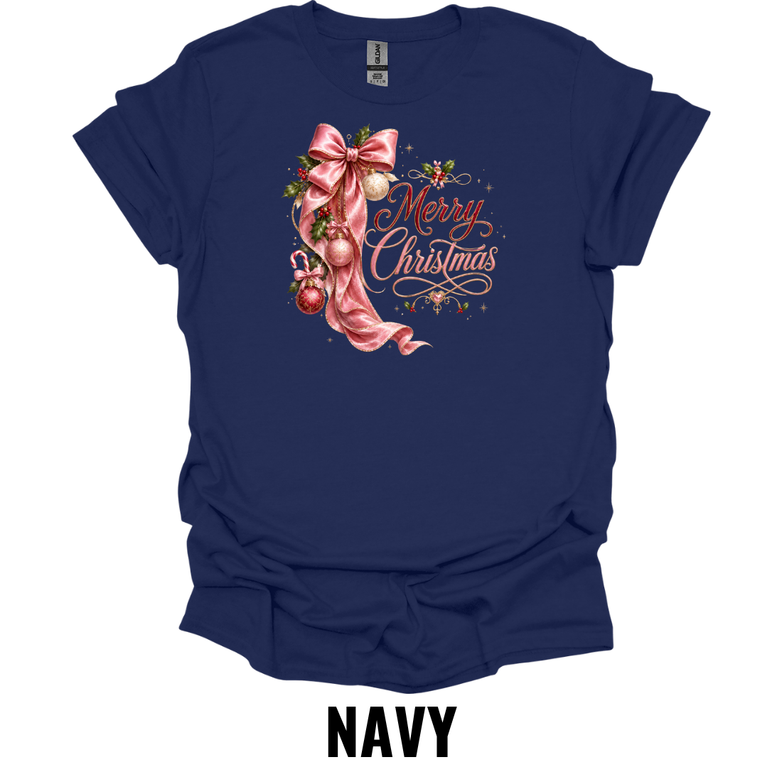 Merry Christmas T-Shirt – Pink Bow Holiday Graphic Tee