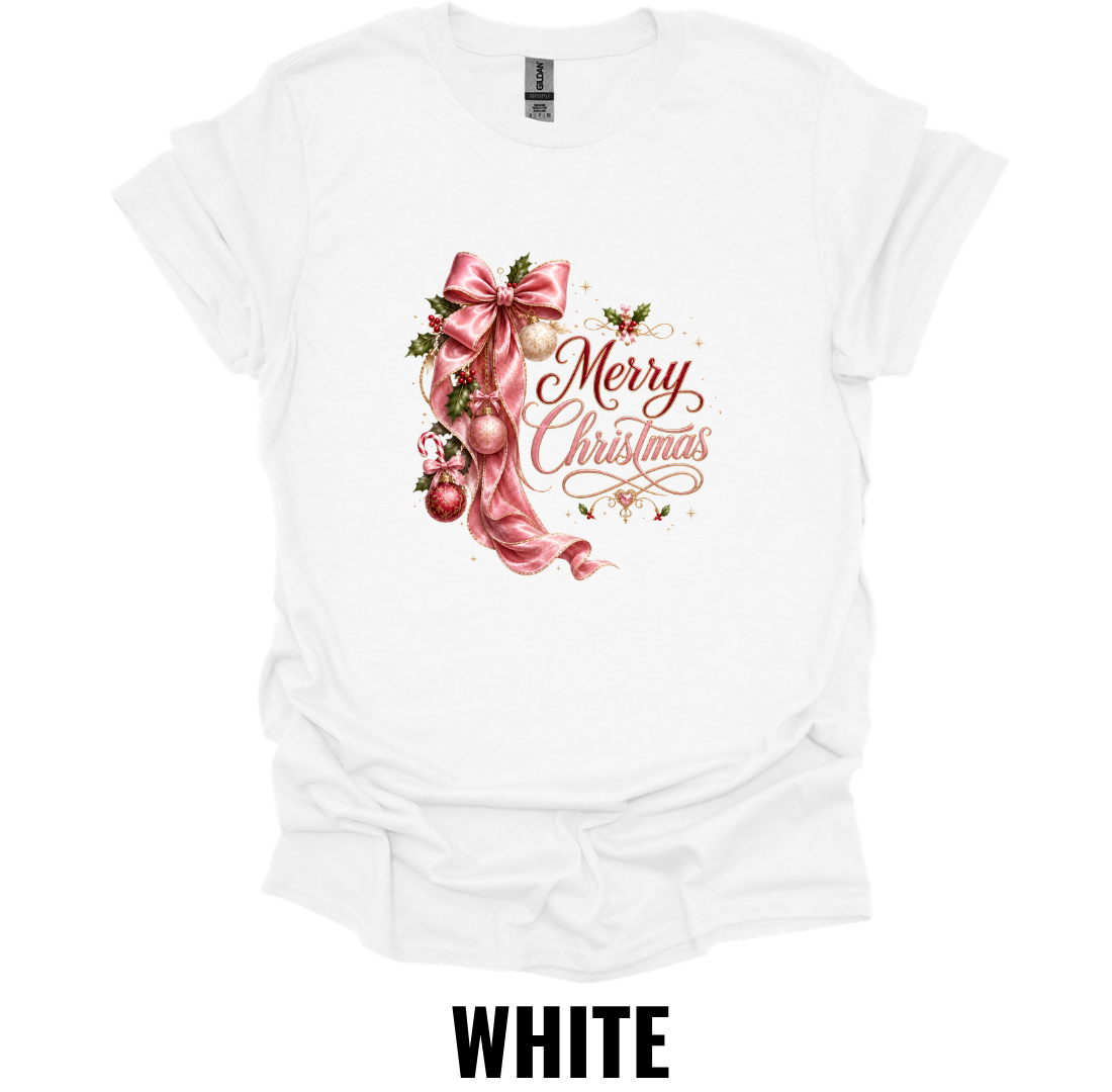 Merry Christmas T-Shirt – Pink Bow Holiday Graphic Tee