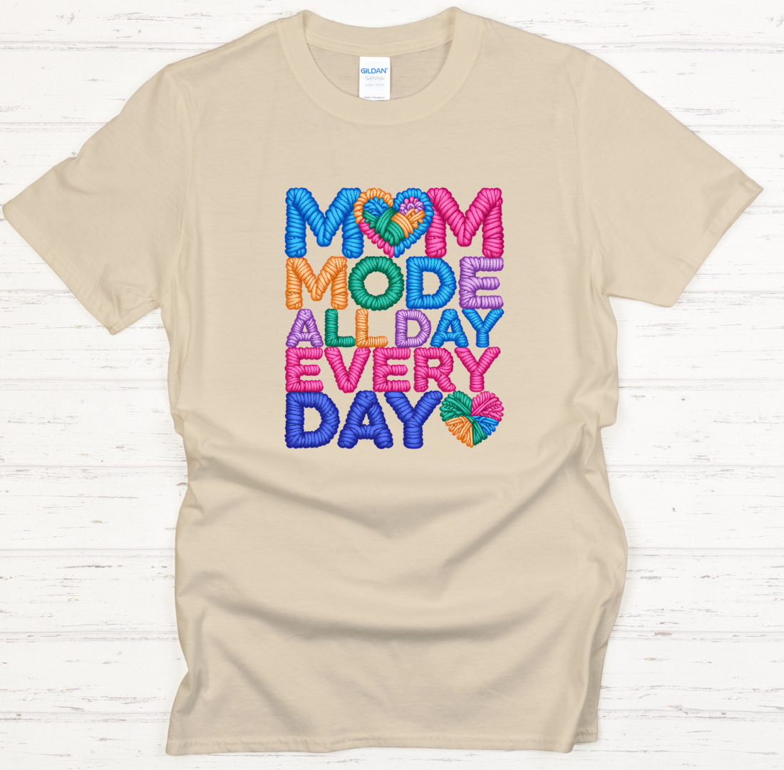 Mom Mode All Day Every Day Knitting T-Shirt | Colorful Yarn Lover Tee