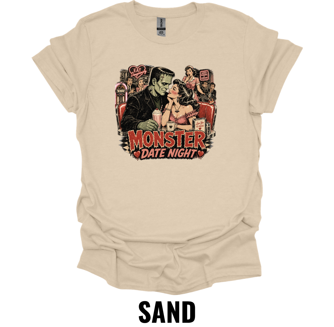Monster Date Night T-Shirt – Vintage Frankenstein Couple Horror Romance Halloween Graphic Tee