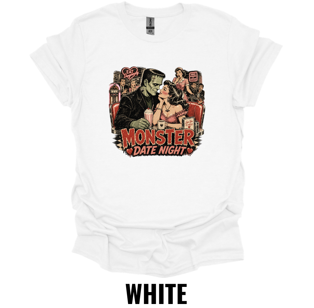 Monster Date Night T-Shirt – Vintage Frankenstein Couple Horror Romance Halloween Graphic Tee