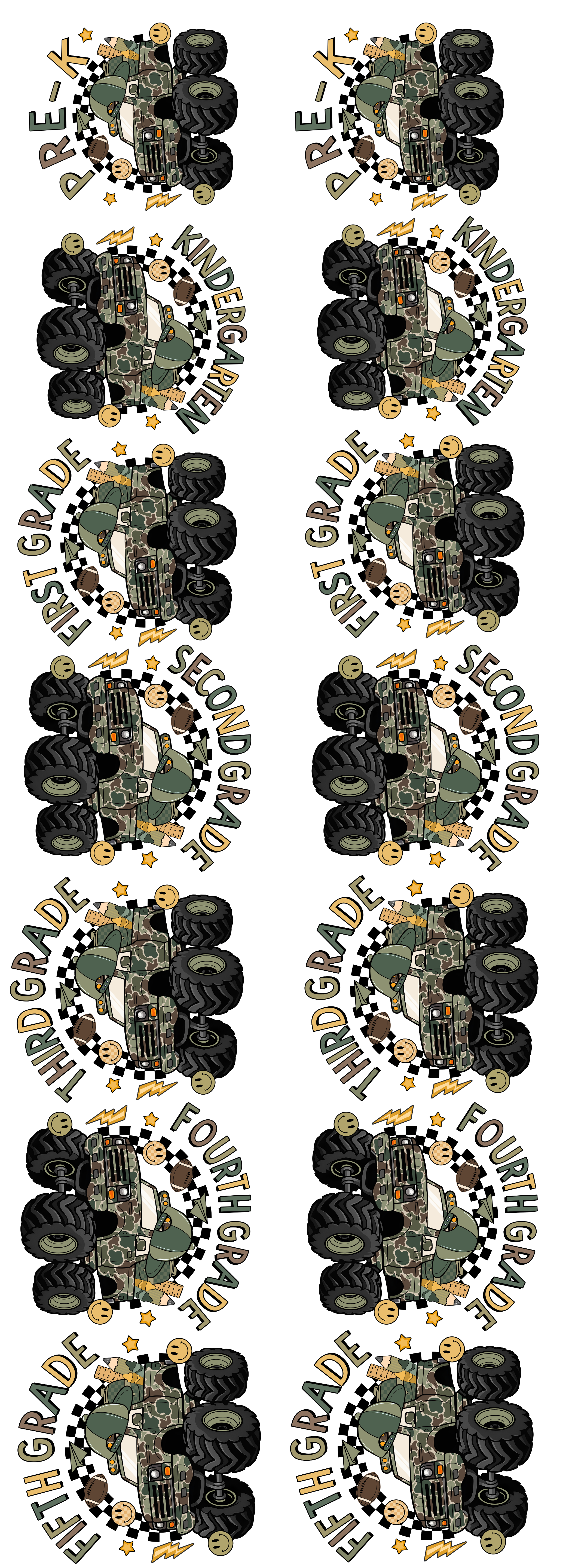 Monster Truck Youth DTF Gang Sheet | Back to School Pre-K Through 5th Grade Kids Transfers