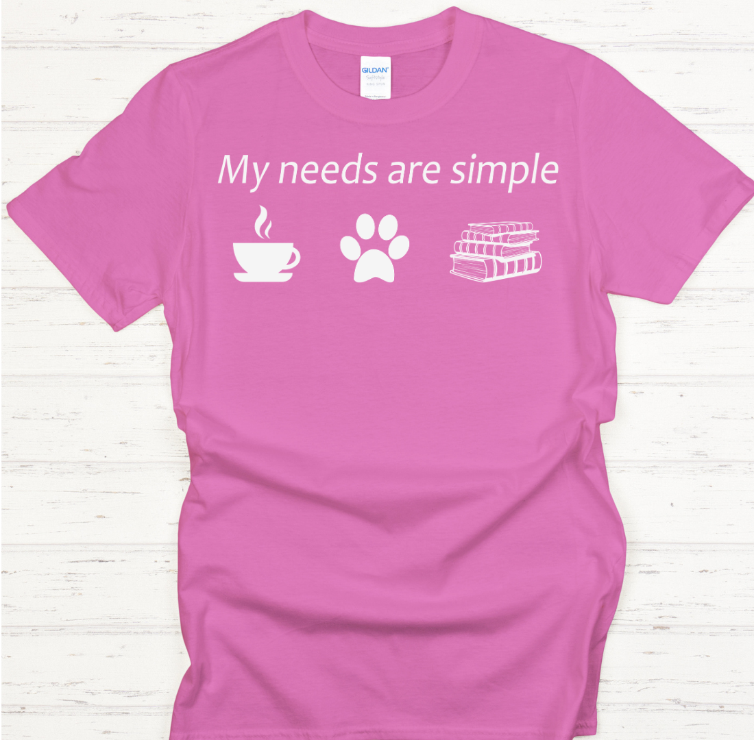 My Needs Are Simple Coffee Dogs Books Shirt on Gildan Softstyle Tee