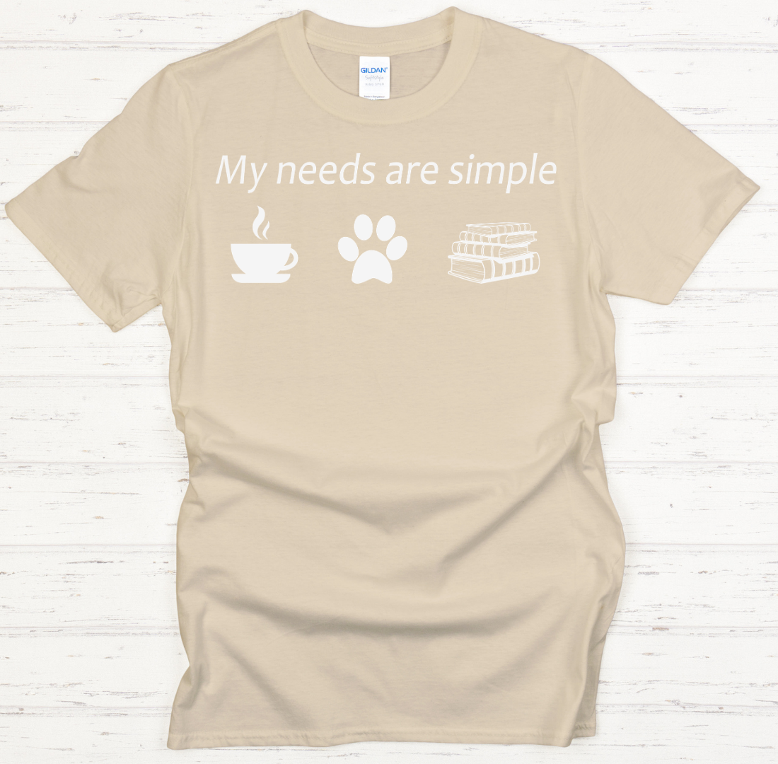 My Needs Are Simple Coffee Dogs Books Shirt on Gildan Softstyle Tee
