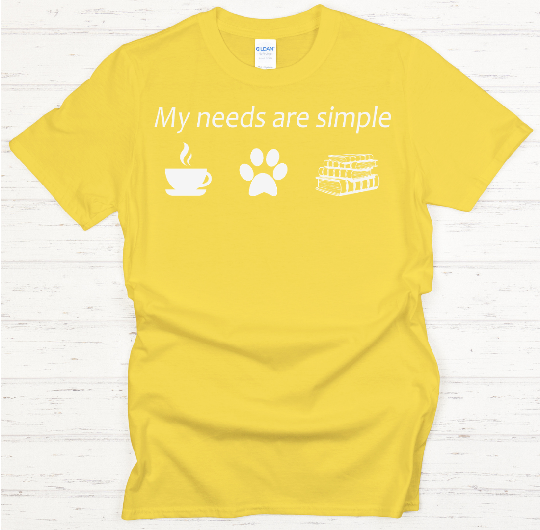My Needs Are Simple Coffee Dogs Books Shirt on Gildan Softstyle Tee