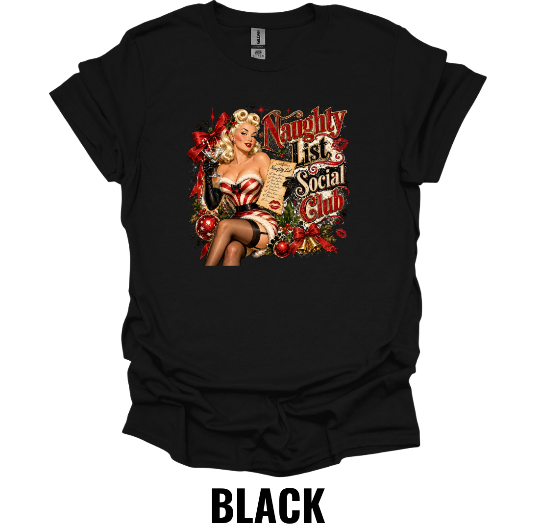 Naughty List Social Club T-Shirt – Vintage Pin Up Christmas Tee