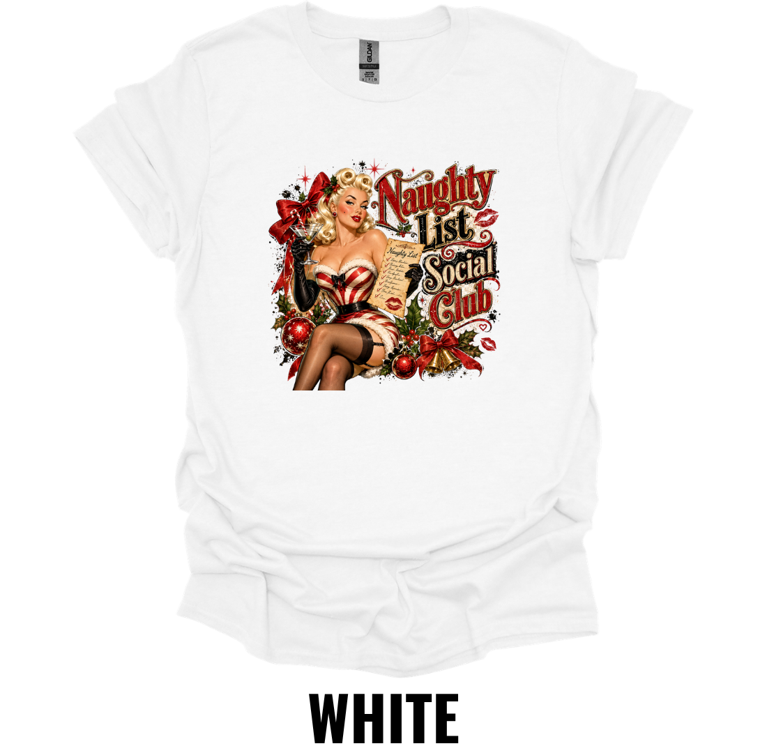 Naughty List Social Club T-Shirt – Vintage Pin Up Christmas Tee