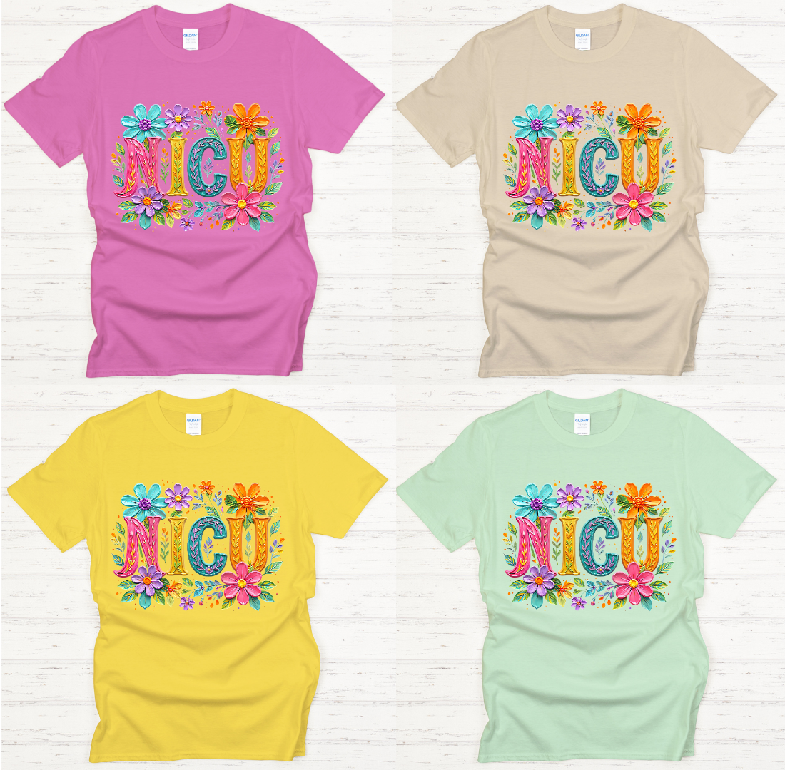 NICU Nurse Floral Lettering Graphic Shirt on Gildan Softstyle Tee